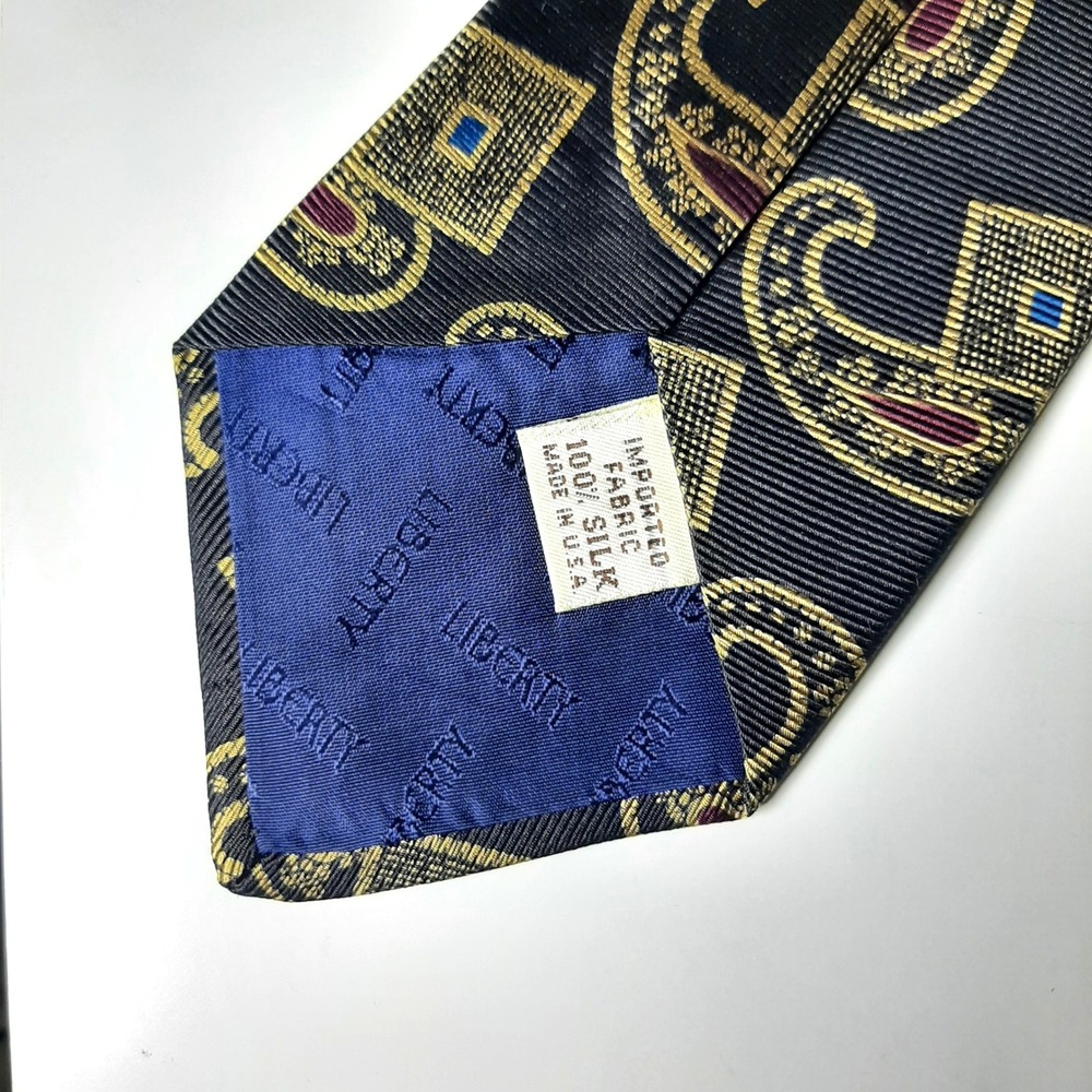 Liberty of London Mens Silk Tie Navy Blue Gold Paisley Geometric Made in USA - Picture 2 of 7